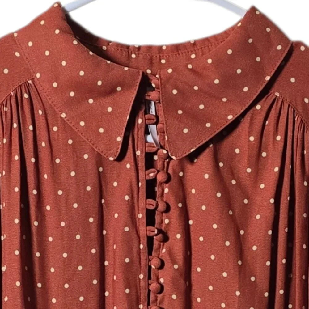 Free People Rust Polka Dot Blouse Small Romantic Boho Ruffle Button Top - Picture 3 of 11